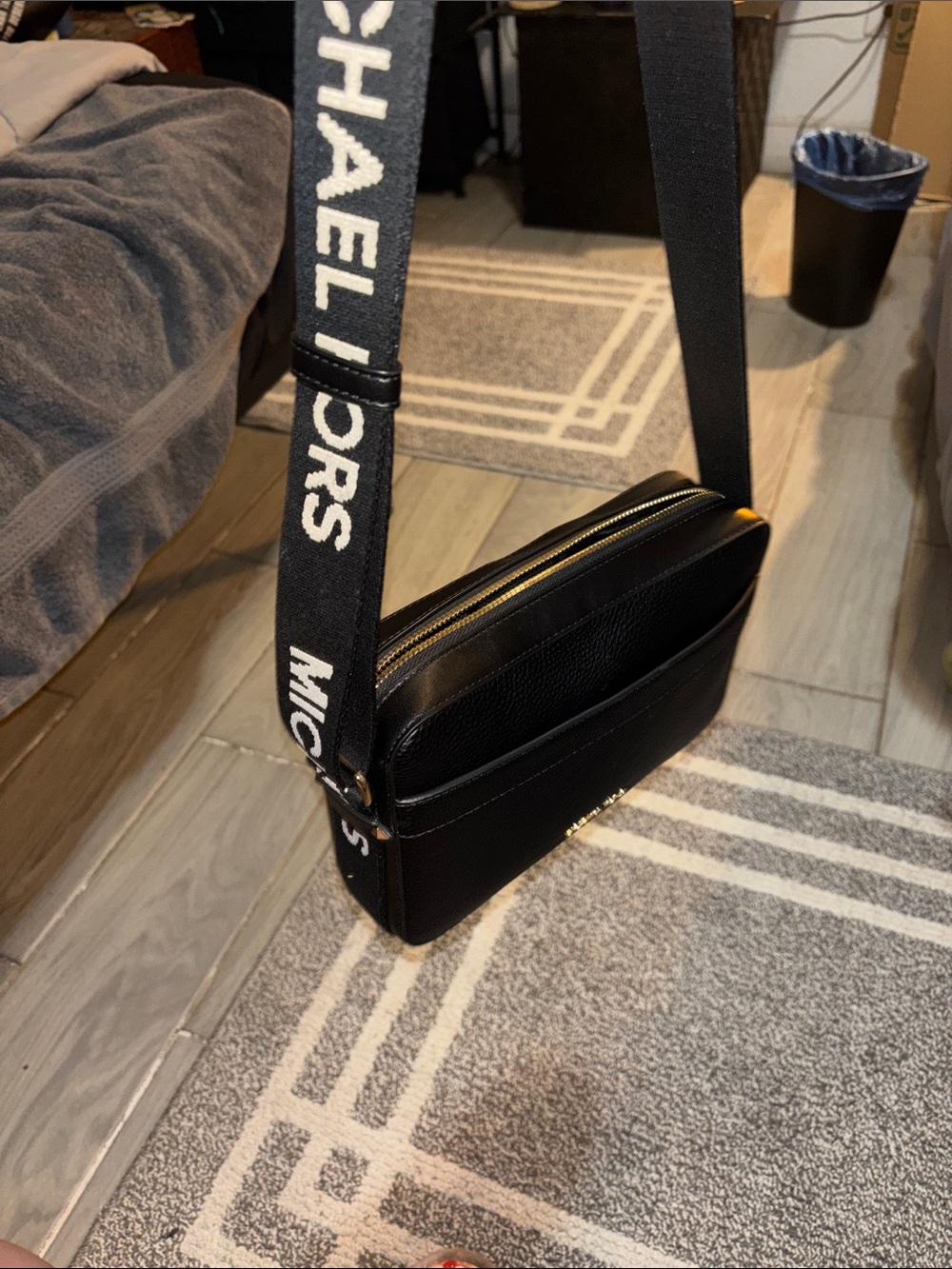 Michael Kors Black Leather Messenger Bag with Branded Strap